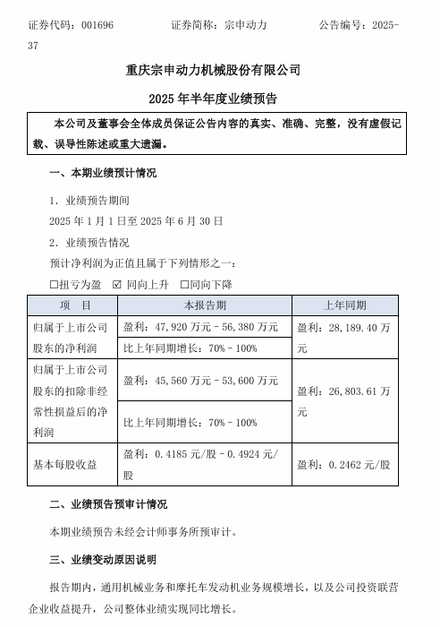 宗申动力业绩预告